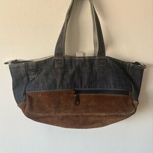 Denim and Brown Suede Tote Bag